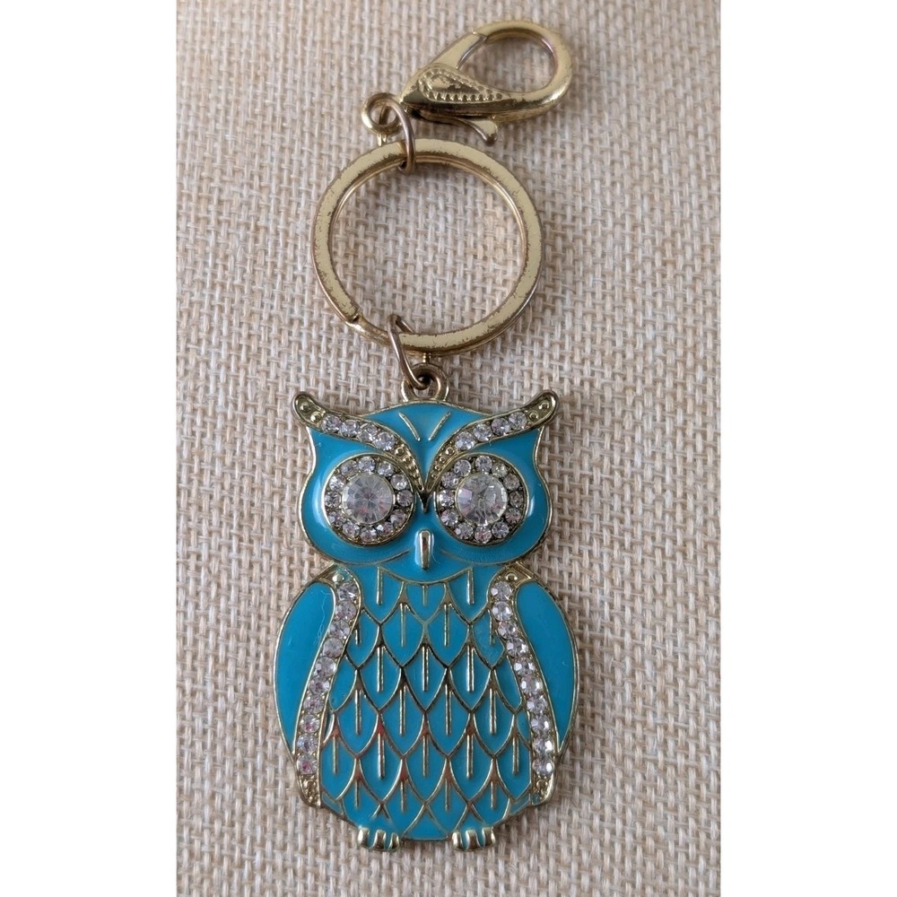 Turquoise Enamel Owl Keychain Rhinestone Gold Tone Owl Bag Charm